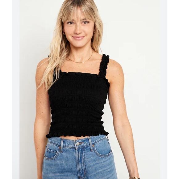 Old Navy CropTop Petite M Black Milkmaid Babydoll Ruffled Smocking Square Neck - Picture 2 of 11